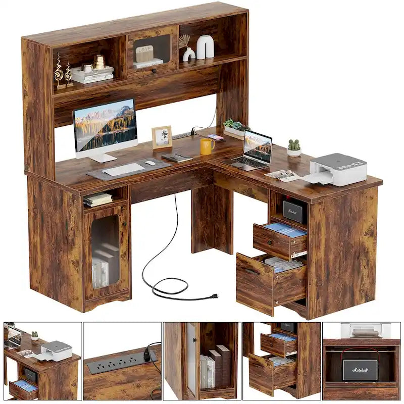 Bureau d'angle en forme de L avec étagère supérieure et station de charge-12