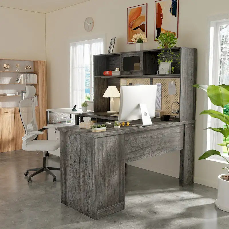 Bureau d'angle en forme de L avec étagère supérieure et station de charge-16