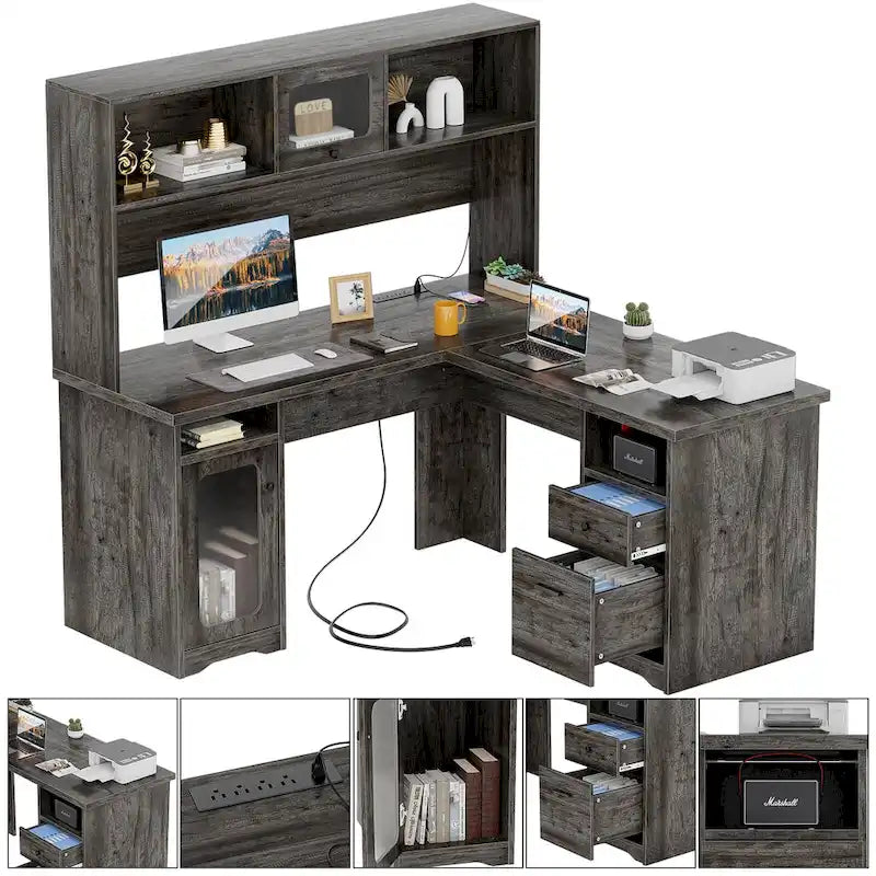 Bureau d'angle en forme de L avec étagère supérieure et station de charge-18