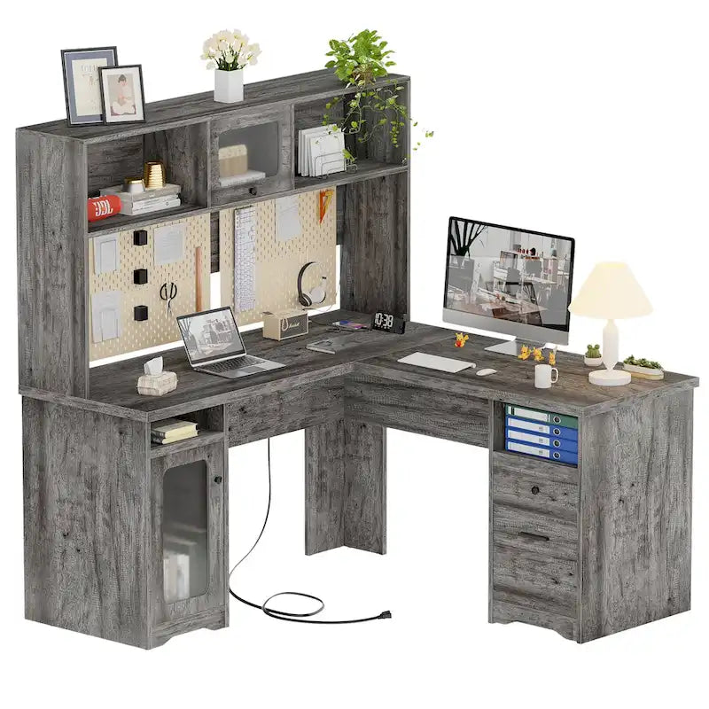 Bureau d'angle en forme de L avec étagère supérieure et station de charge-20