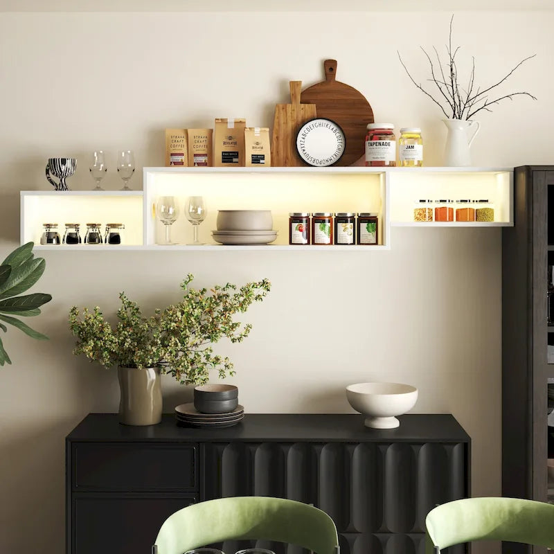 Meuble TV mural moderne suspendu avec 3 étagères et 20 LED de couleur pour home cinéma et bureau.-16
