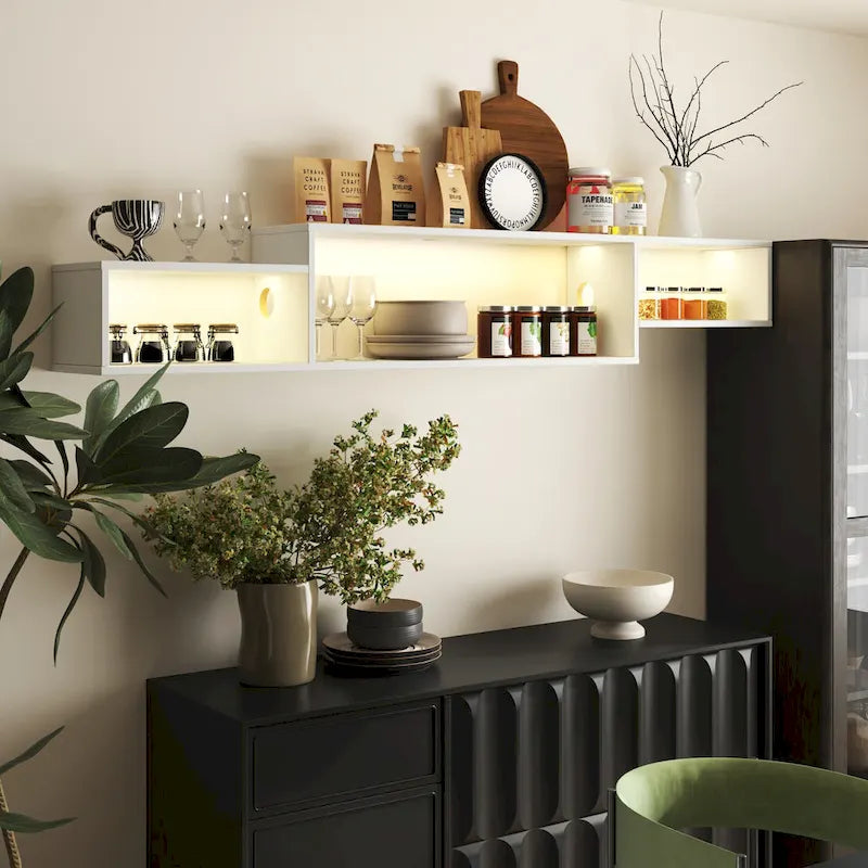 Meuble TV mural moderne suspendu avec 3 étagères et 20 LED de couleur pour home cinéma et bureau.-2