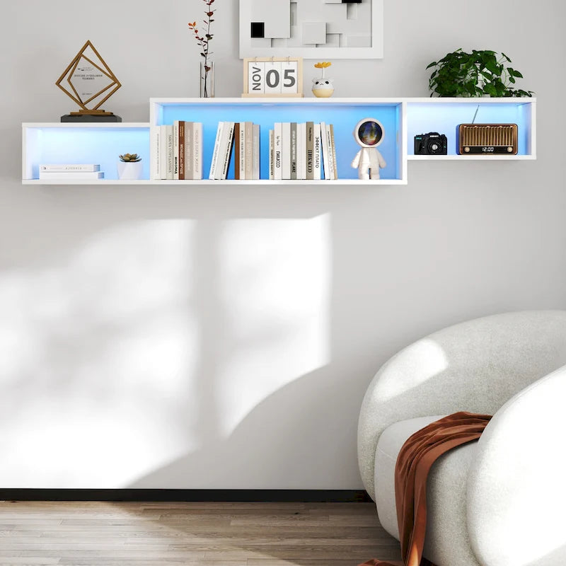 Meuble TV mural moderne suspendu avec 3 étagères et 20 LED de couleur pour home cinéma et bureau.-3