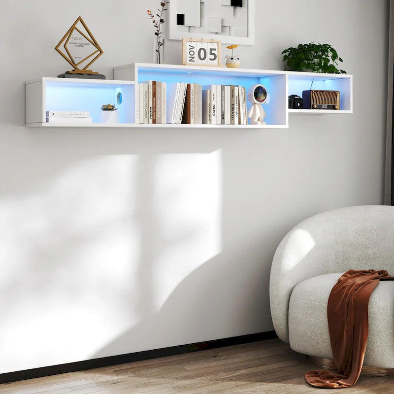 Meuble TV mural moderne suspendu avec 3 étagères et 20 LED de couleur pour home cinéma et bureau.-5