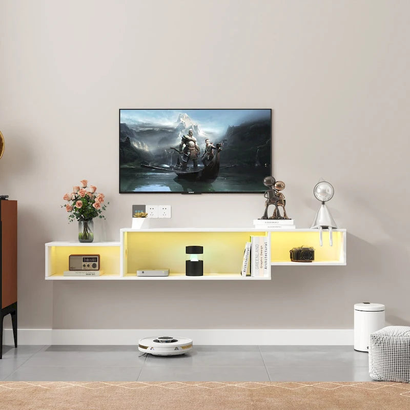 Meuble TV mural moderne suspendu avec 3 étagères et 20 LED de couleur pour home cinéma et bureau.-7