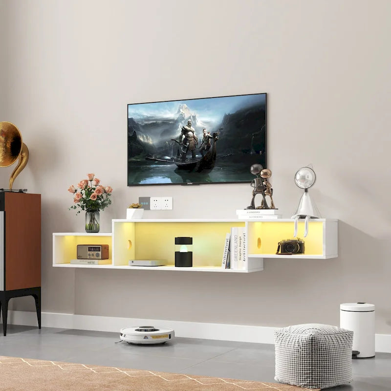 Meuble TV mural moderne suspendu avec 3 étagères et 20 LED de couleur pour home cinéma et bureau.-8