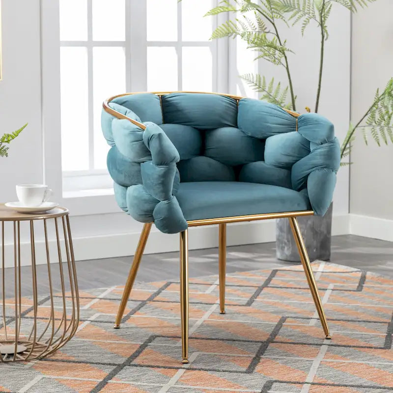 Fauteuil d'appoint moderne bleu de 28,7 pouces, recouvert de velours, avec pieds en métal plaqué or-2
