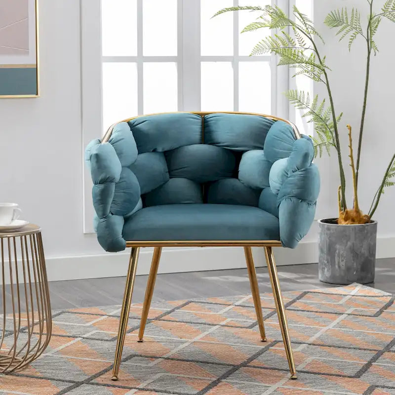 Fauteuil d'appoint moderne bleu de 28,7 pouces, recouvert de velours, avec pieds en métal plaqué or-3