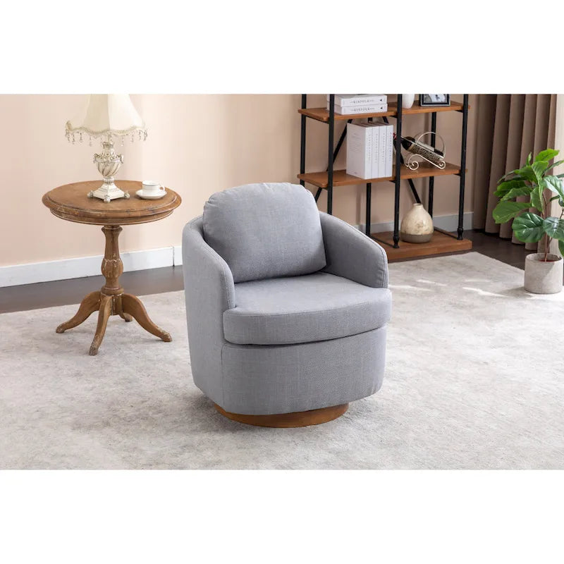 Fauteuil pivotant moderne bleu clair 30,3 cm, capitonné, avec base ronde en bois massif marron-2