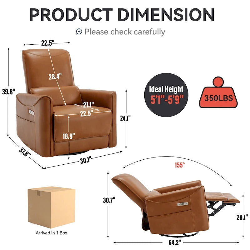 Fauteuil inclinable électrique ergonomique marron avec fonction pivotante, bascule et ports USB-2
