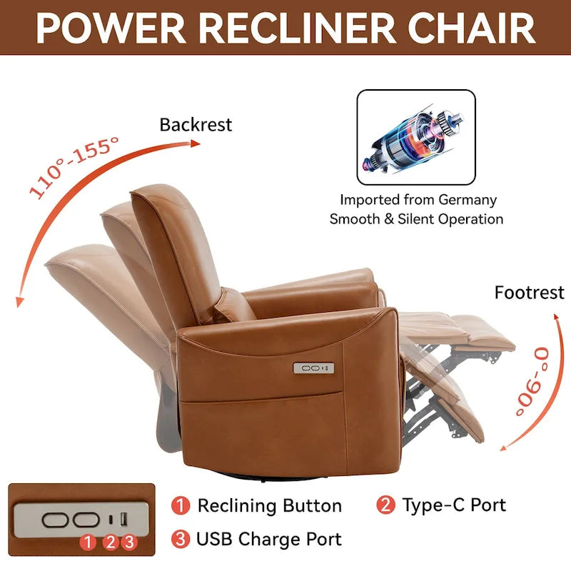 Fauteuil inclinable électrique ergonomique marron avec fonction pivotante, bascule et ports USB-11