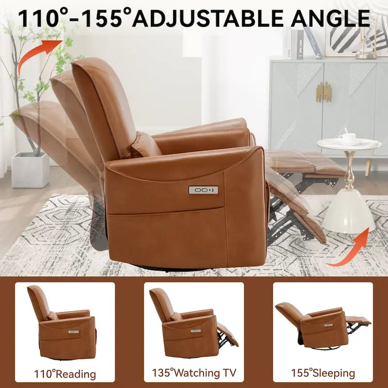 Fauteuil inclinable électrique ergonomique marron avec fonction pivotante, bascule et ports USB-12