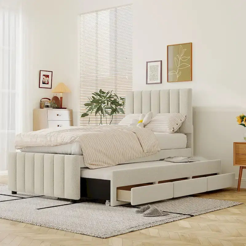 Twin Size Linen Upholstered Platform Bed Frame with Trundle & 3 Drawers