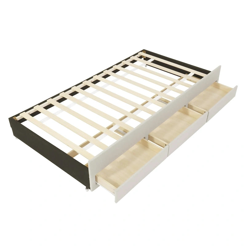 Cadre de lit plateforme en lin, taille simple, avec lit gigogne et 3 tiroirs-11