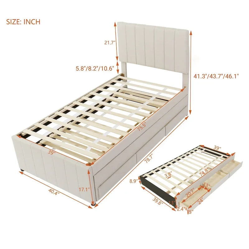Cadre de lit plateforme en lin, taille simple, avec lit gigogne et 3 tiroirs-14