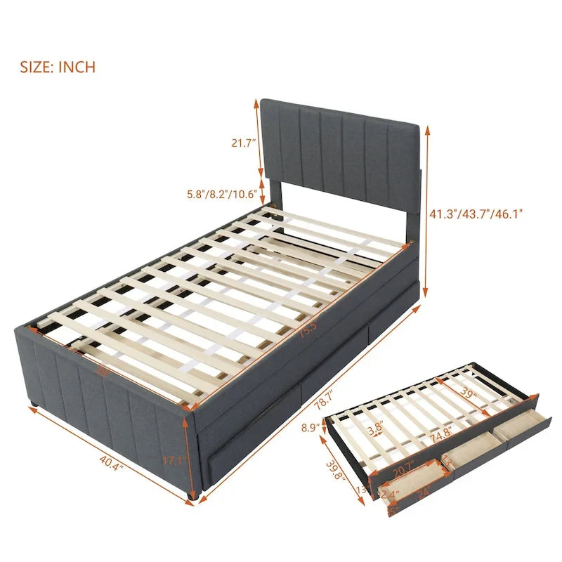 Cadre de lit plateforme en lin, taille simple, avec lit gigogne et 3 tiroirs-28