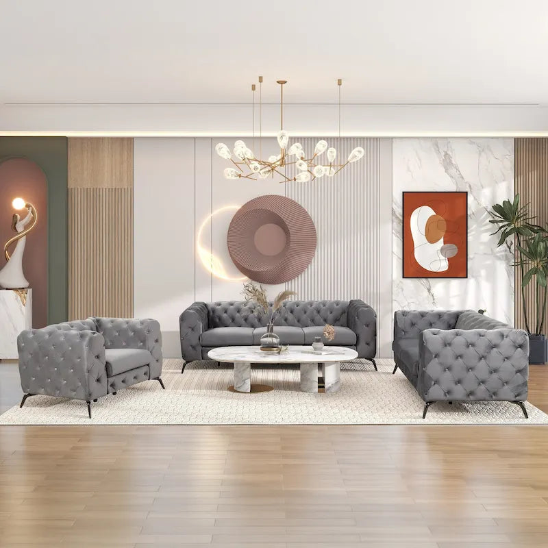 Ensembles de canapés 3 pièces en velours (canapé 3 places/causeuse et fauteuil individuel)-20