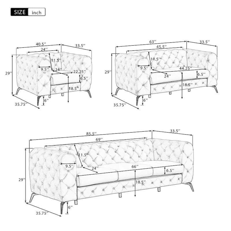 Ensembles de canapés 3 pièces en velours (canapé 3 places/causeuse et fauteuil individuel)-7