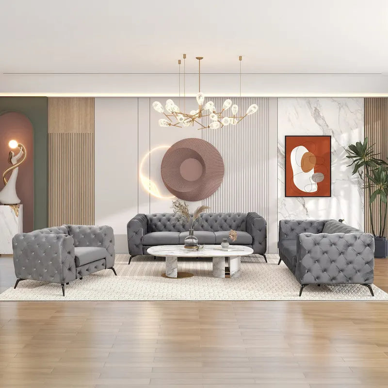 Ensembles de canapés 3 pièces en velours (canapé 3 places/causeuse et fauteuil individuel)-8