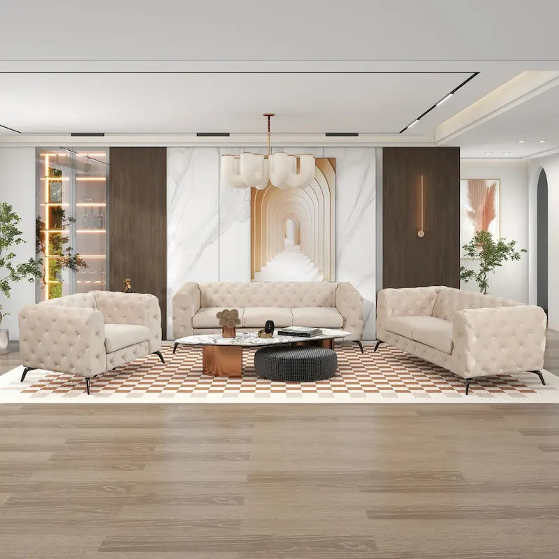 Ensembles de canapés 3 pièces en velours (canapé 3 places/causeuse et fauteuil individuel)-14