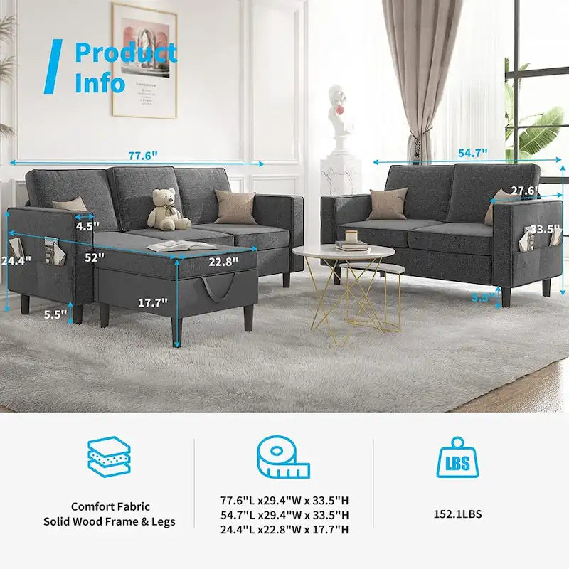 Canapé d'angle convertible Mixoy, 3 places avec causeuse et pouf-5
