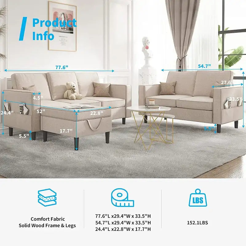 Canapé d'angle convertible Mixoy, 3 places avec causeuse et pouf-10