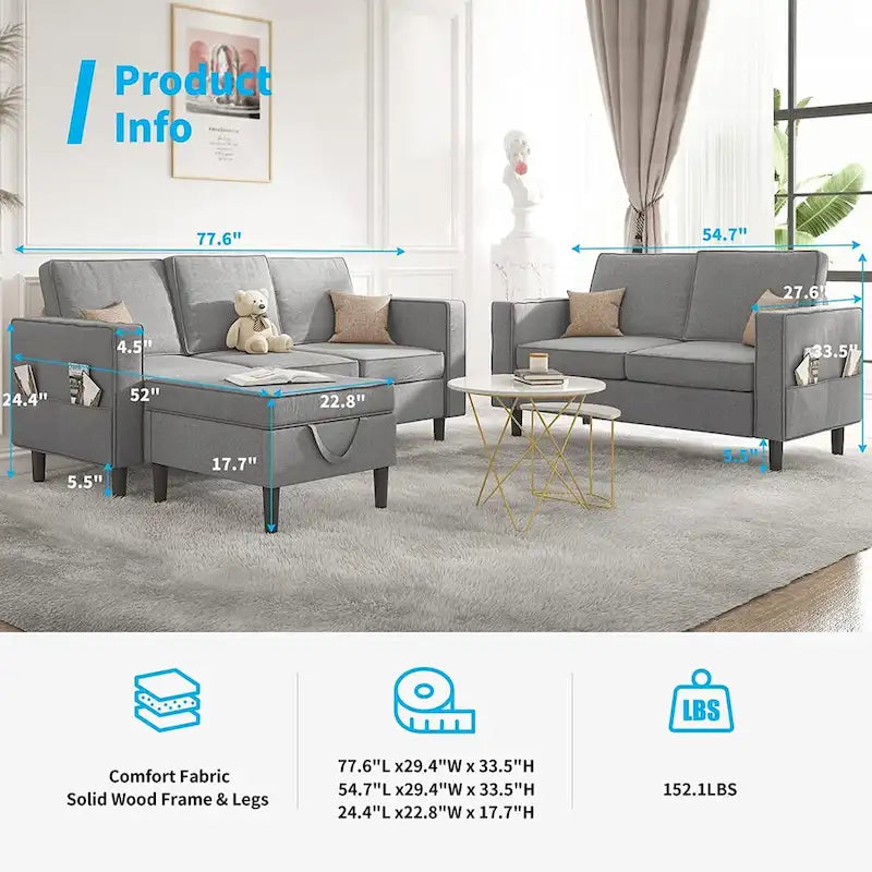 Canapé d'angle convertible Mixoy, 3 places avec causeuse et pouf-15