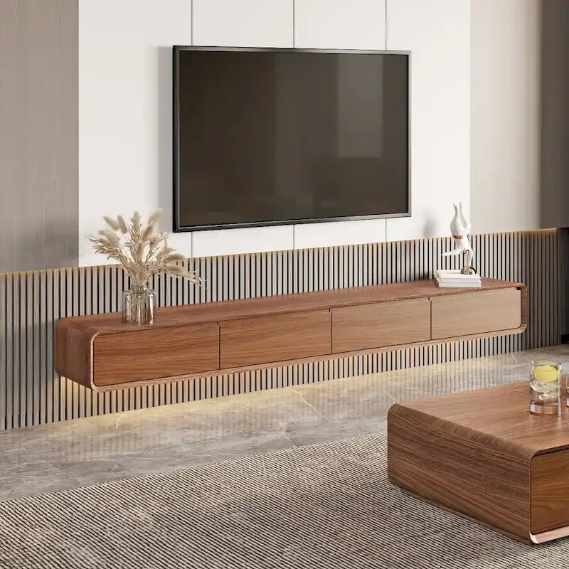 Meuble TV suspendu, centre multimédia mural moderne avec 3/4 tiroirs, bois massif, entièrement assemblé-12
