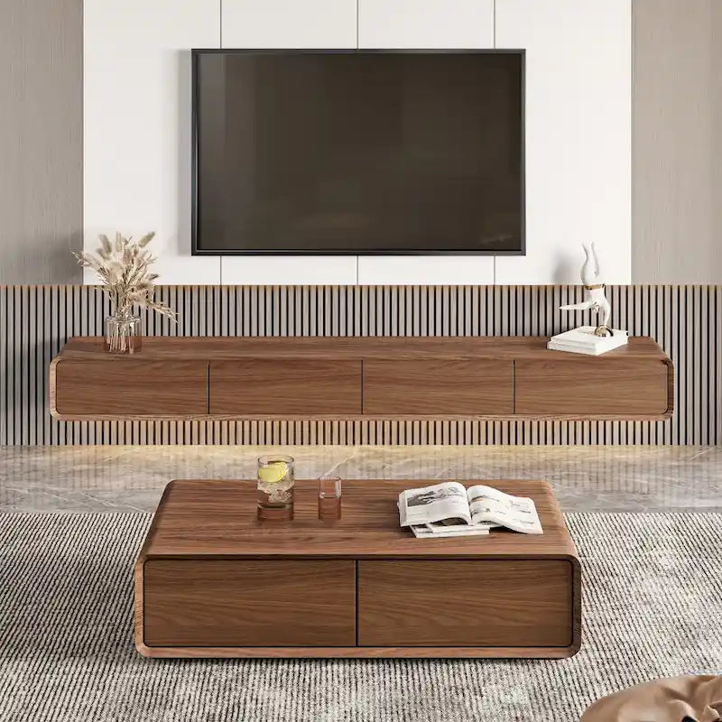 Meuble TV suspendu, centre multimédia mural moderne avec 3/4 tiroirs, bois massif, entièrement assemblé-13
