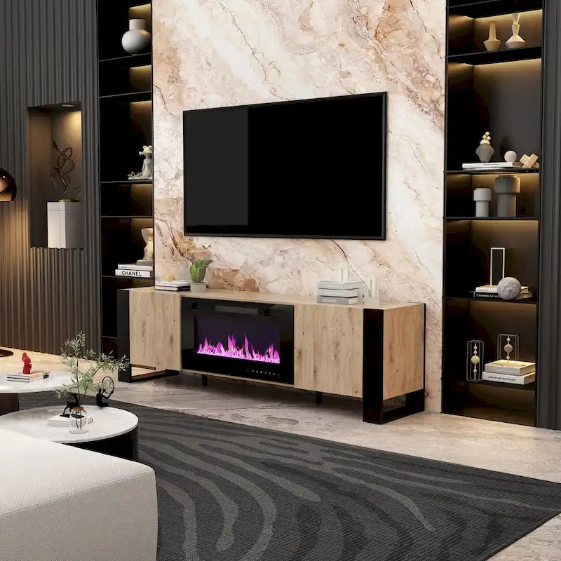 Meuble TV et cheminée combinés de luxe avec fonctionnalités LED intégrées-2