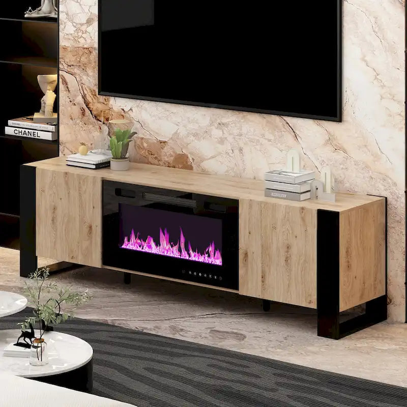 Meuble TV et cheminée combinés de luxe avec fonctionnalités LED intégrées-3