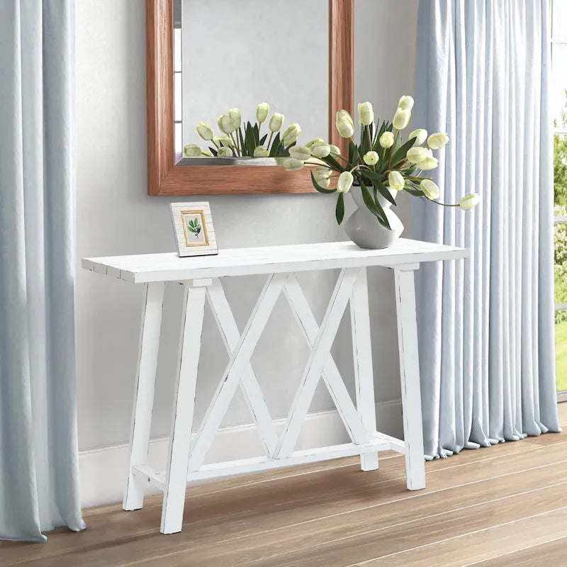 Console et table d'entrée style ferme blanche - 82,5 cm (H) x 121,5 cm (L) x 38 cm (P)-2
