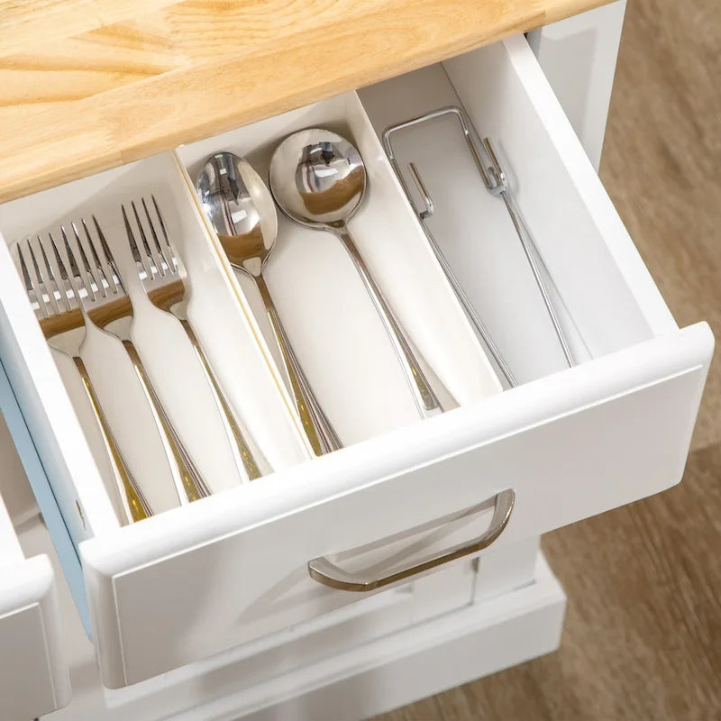 Îlot de cuisine avec meuble de rangement et plateau en bois d'hévéa à deux niveaux, table d'îlot avec étagères et tiroirs réglables-3