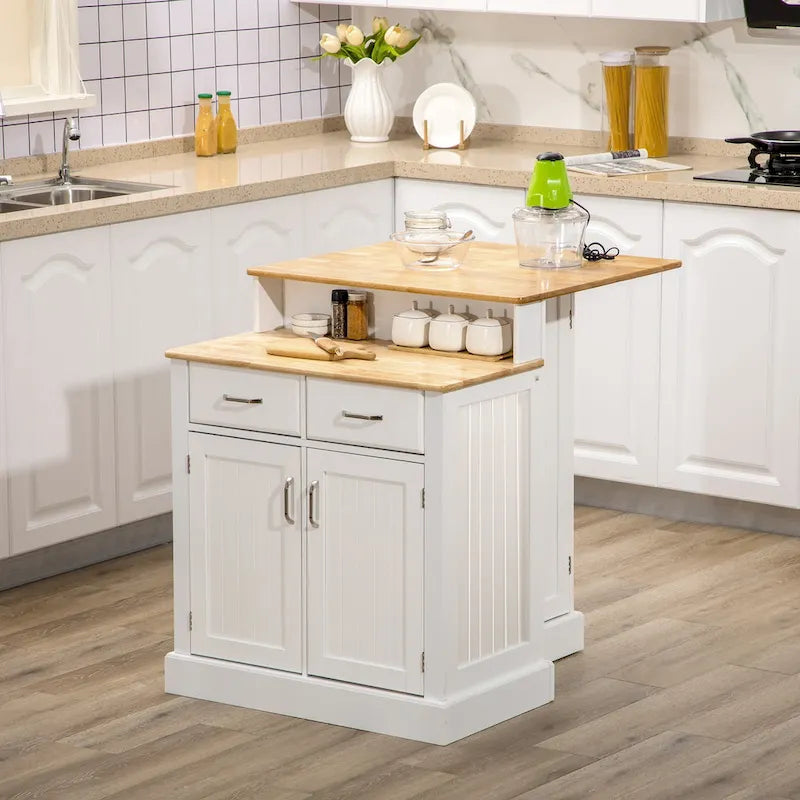 Îlot de cuisine avec meuble de rangement et plateau en bois d'hévéa à deux niveaux, table d'îlot avec étagères et tiroirs réglables-7