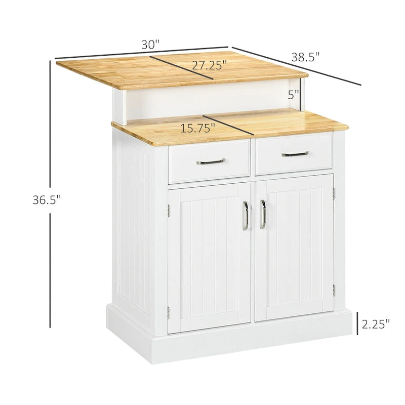 Îlot de cuisine avec meuble de rangement et plateau en bois d'hévéa à deux niveaux, table d'îlot avec étagères et tiroirs réglables-9