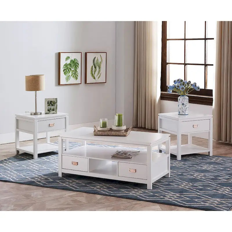 3 Piece White Finish Wood Storage Occasional Table Set, Coffee Table & 2 End Tables