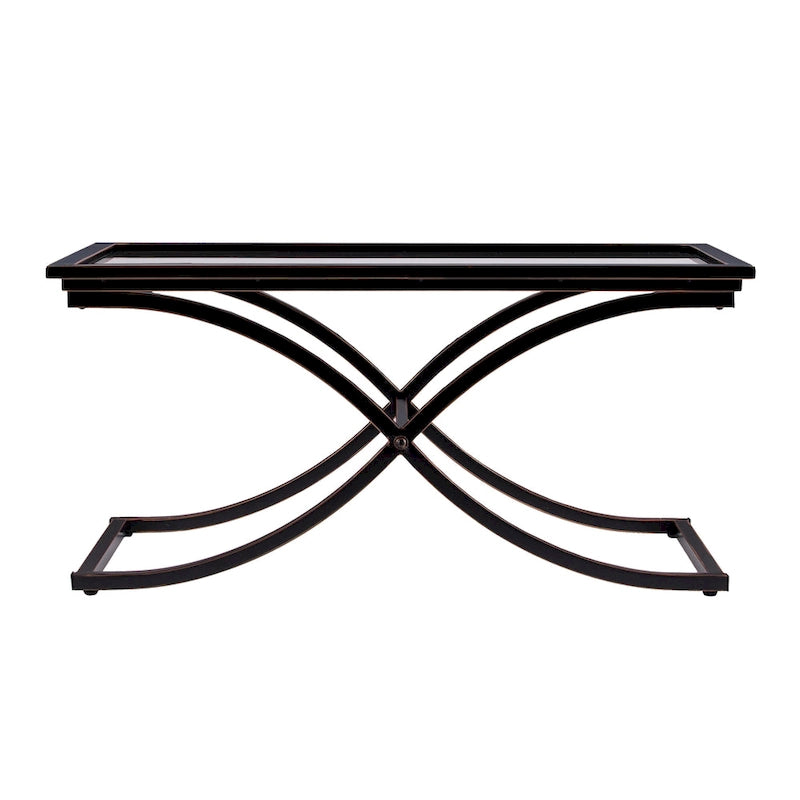 Table basse glamour SEI Furniture Bugleweed en métal vieilli noir/cuivre et verre trempé