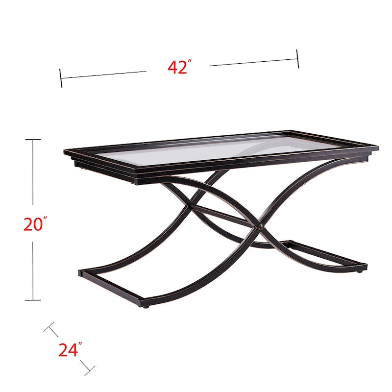Table basse glamour SEI Furniture Bugleweed en métal vieilli noir/cuivre et verre trempé-7
