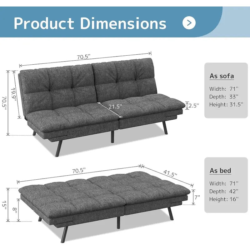 Canapé-lit futon, canapé pliable en mousse à mémoire de forme, convertible en lit de jour avec accoudoirs réglables pour petits espaces-2