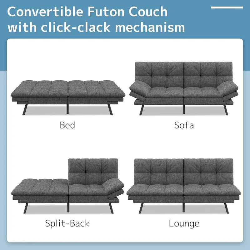 Canapé-lit futon, canapé pliable en mousse à mémoire de forme, convertible en lit de jour avec accoudoirs réglables pour petits espaces-3