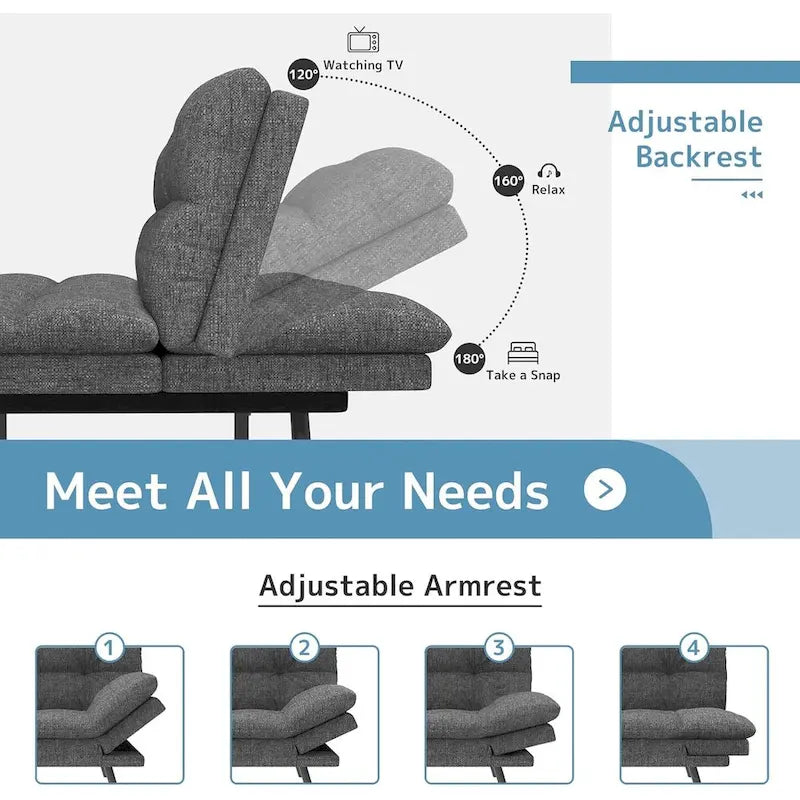 Canapé-lit futon, canapé pliable en mousse à mémoire de forme, convertible en lit de jour avec accoudoirs réglables pour petits espaces-4