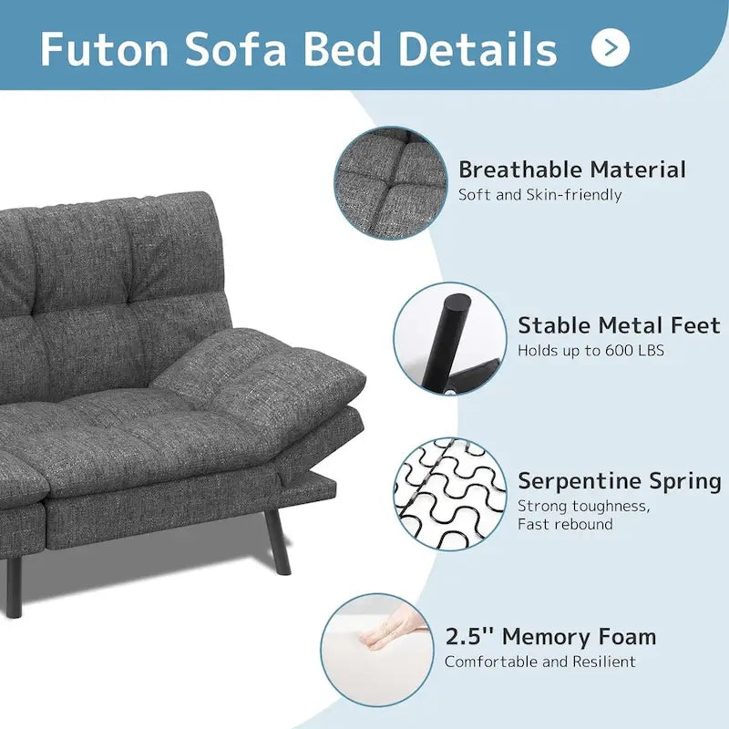 Canapé-lit futon, canapé pliable en mousse à mémoire de forme, convertible en lit de jour avec accoudoirs réglables pour petits espaces-5