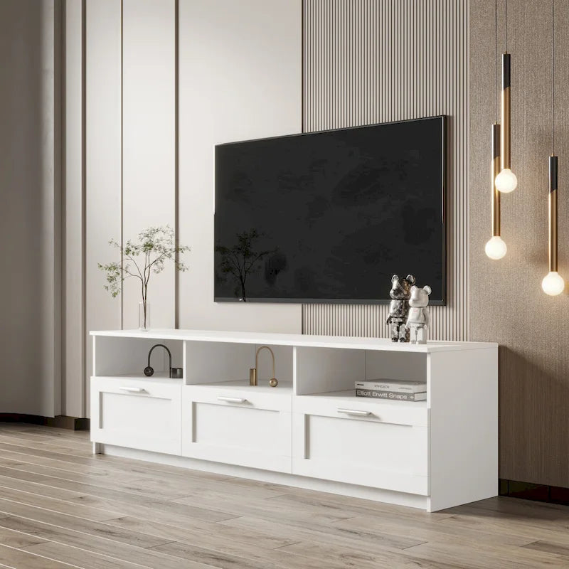 Meuble TV minimaliste moderne, support TV 80 pouces, casier ouvert, salon, chambre-14