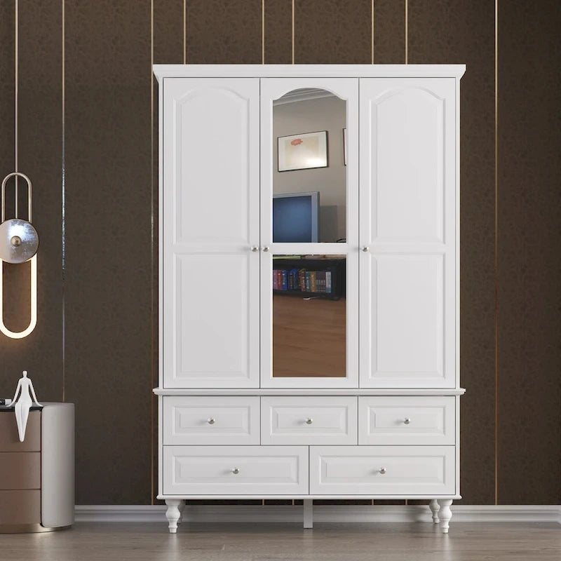 Armoire/penderie/placard familial 70,9H avec portes miroir, laquée blanche