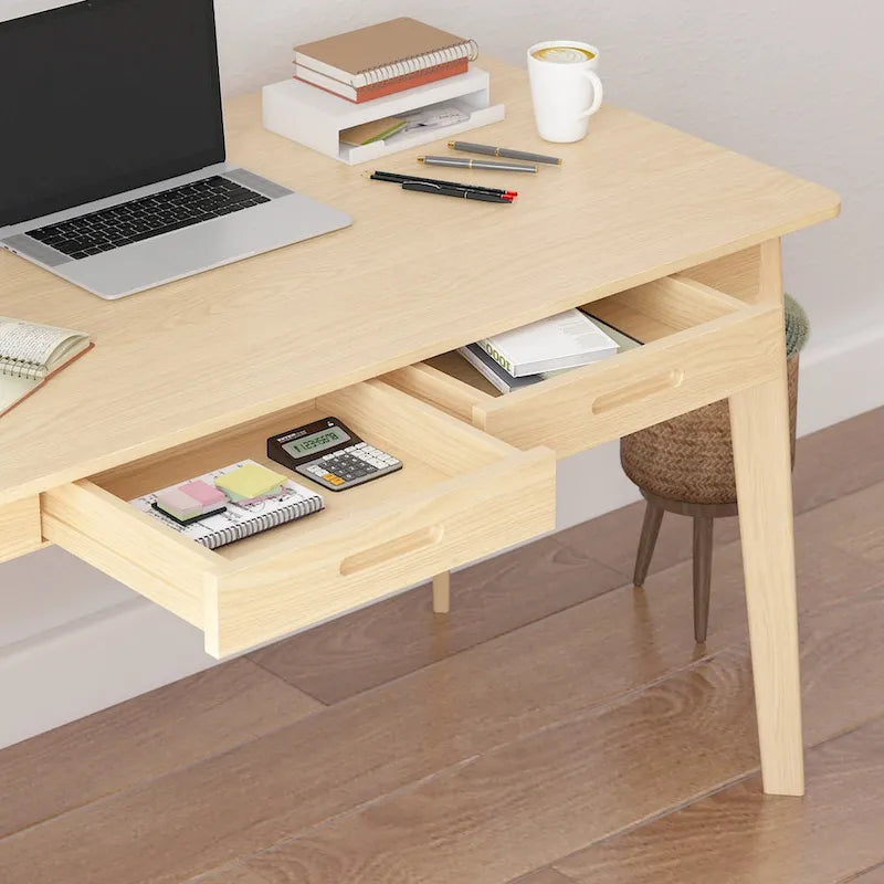 Bureau d'ordinateur Timechee en bois beige, bureau d'écriture de 47 pouces avec 2 tiroirs-2