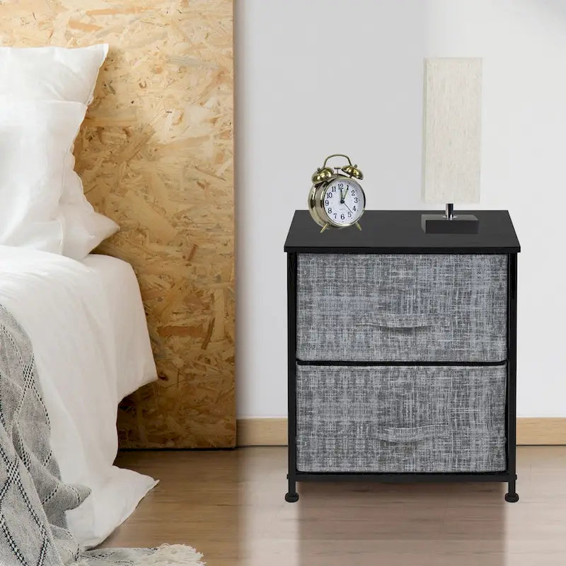 Table de chevet à 2 tiroirs, commode, structure en acier, plateau en bois, bacs en tissu-4