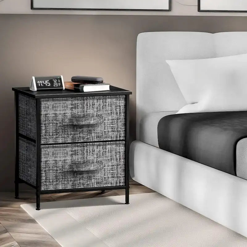 Table de chevet à 2 tiroirs, commode, structure en acier, plateau en bois, bacs en tissu-6