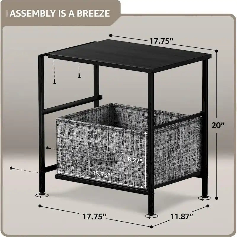 Table de chevet à 2 tiroirs, commode, structure en acier, plateau en bois, bacs en tissu-7