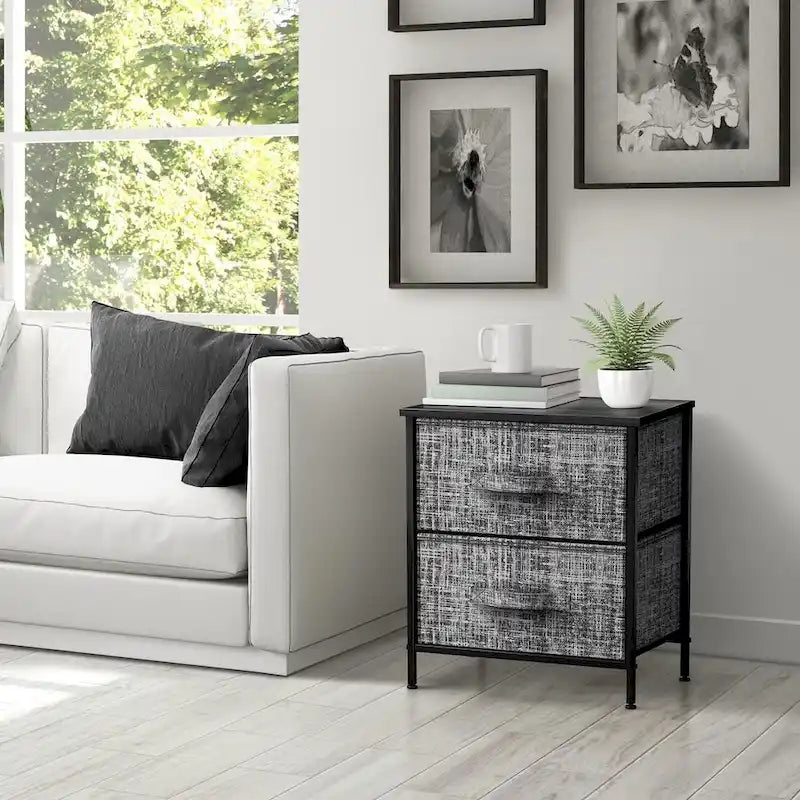 Table de chevet à 2 tiroirs, commode, structure en acier, plateau en bois, bacs en tissu-10