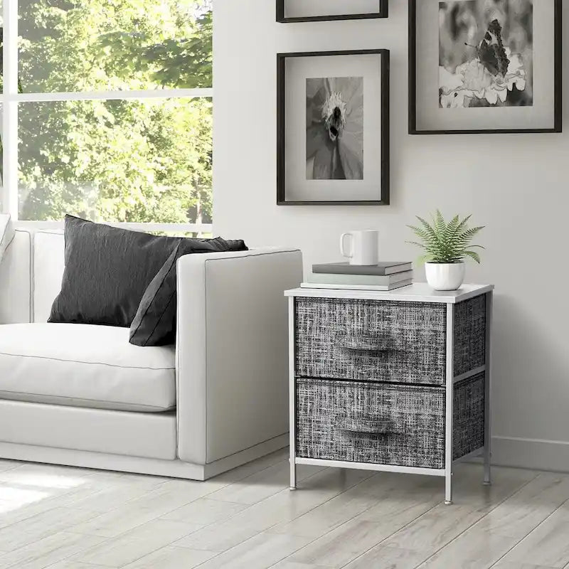 Table de chevet à 2 tiroirs, commode, structure en acier, plateau en bois, bacs en tissu-16